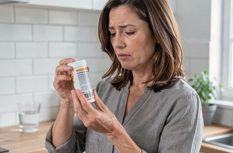 Femme lisant les effets secondaires indiqués sur un tube de pastilles Vichy dans une cuisine moderne