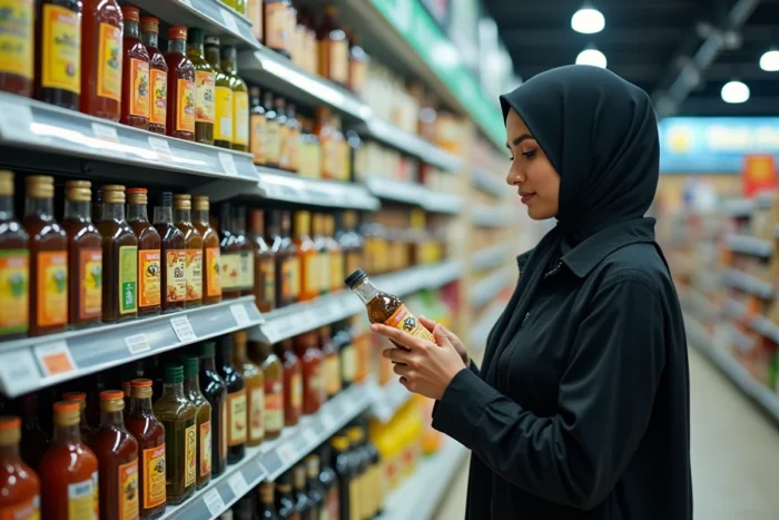 Femme musulmane en hijab lisant l'étiquette d'une bouteille de vinaigre d'alcool en supermarché