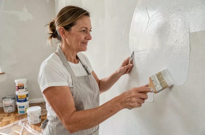 Femme appliquant de la peinture blanche sur un mur lors de travaux de rénovation intérieure à domicile