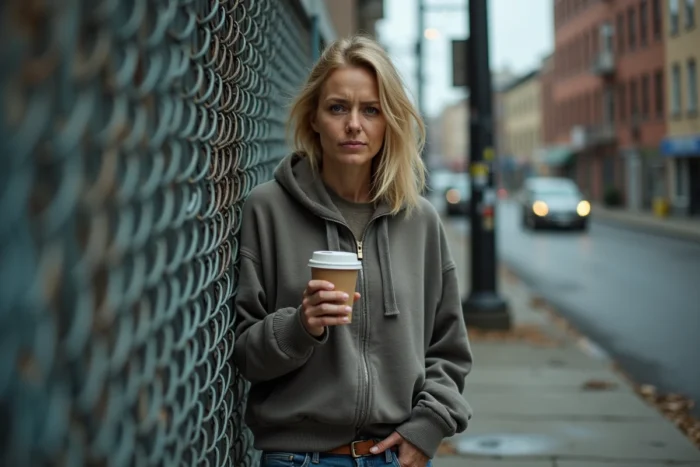 Femme aux vêtements usés dans une ruelle urbaine illustrant la précarité et les difficultés de vie dans un parcours bouleversant