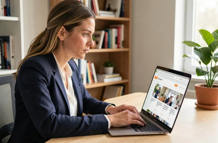 Femme professionnelle cherchant un emploi sur le site pleinemploi.net depuis son bureau à domicile