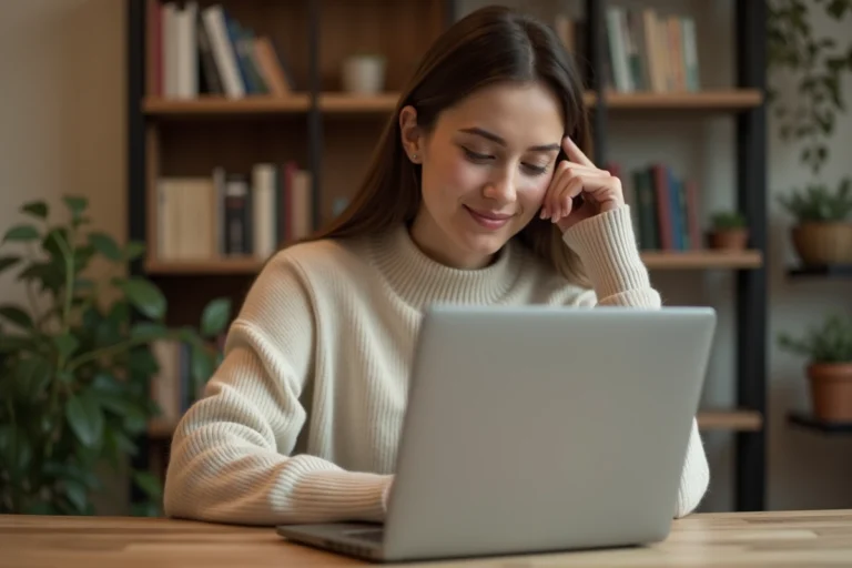 Femme cherchant un logement à louer en ligne sur son ordinateur portable dans un bureau à domicile