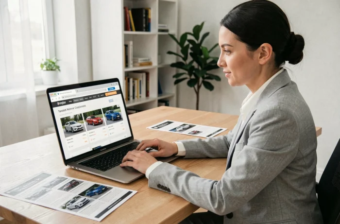 Femme consultant des références automobiles en ligne sur un ordinateur portable dans un bureau moderne