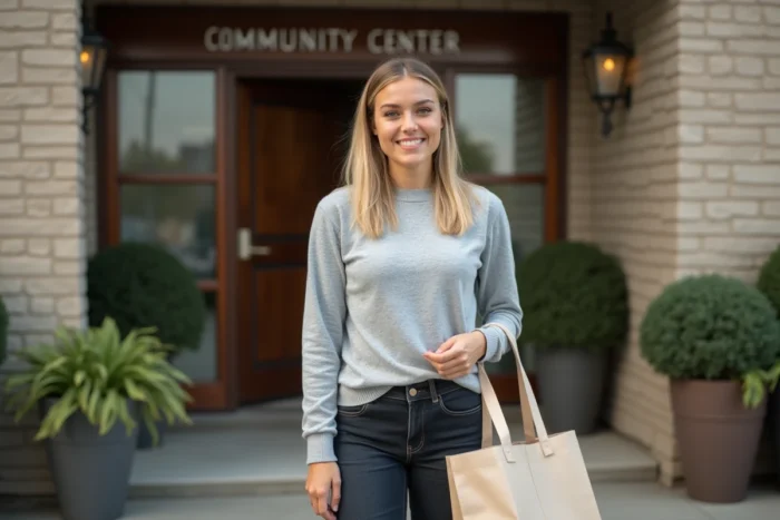 Femme blonde souriante devant un centre communautaire symbolisant la reconstruction personnelle et l'espoir après des épreuves de vie