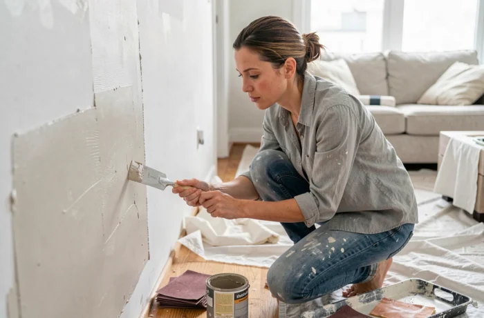 Femme appliquant de l'enduit de rebouchage sur un mur intérieur lors de travaux de rénovation domestique