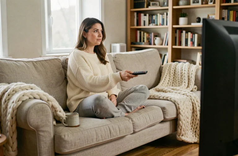Femme détendue sur un canapé regardant une série télé chez elle le week-end