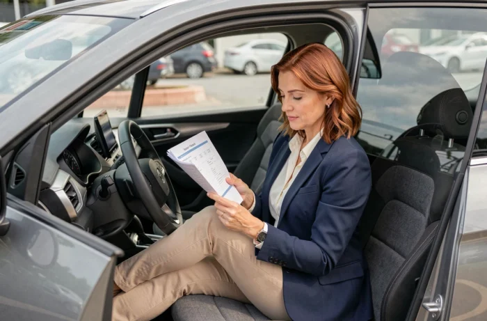 Femme consultant un document d'inspection assise dans un SUV d'occasion lors d'un essai chez un vendeur