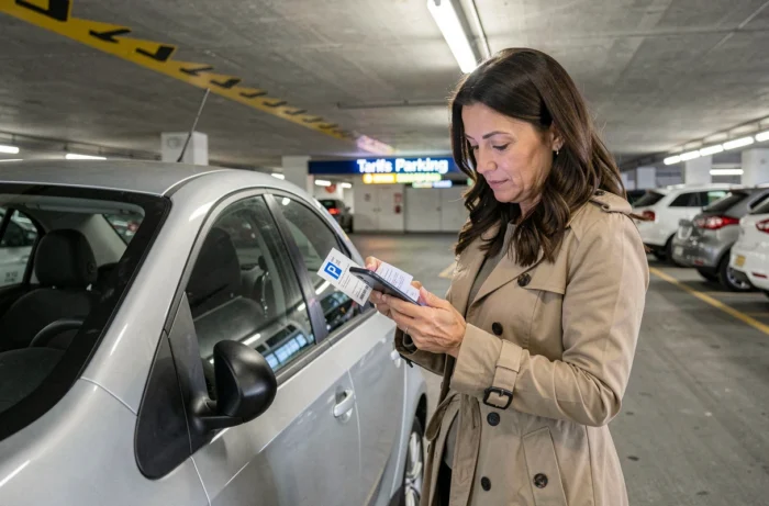 Femme consultant son téléphone et un ticket de parking dans le parking couvert de l'aéroport Orly
