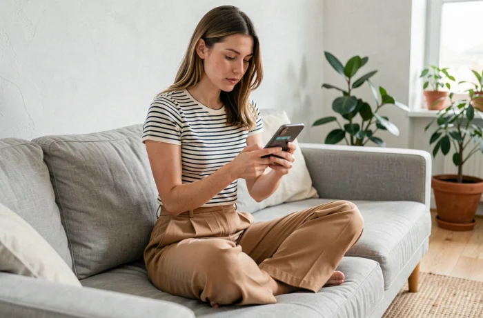 Jeune femme en tenue inspirée de Demain Nous Appartient consultant l'application Vinted sur son smartphone dans un appartement moderne