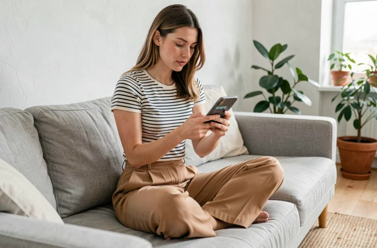 Jeune femme en tenue inspirée de Demain Nous Appartient consultant l'application Vinted sur son smartphone dans un appartement moderne