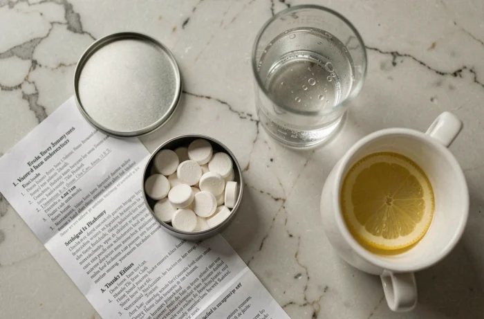 Vue de dessus d'un tin de pastilles Vichy, une notice imprimée et un verre d'eau sur marbre gris