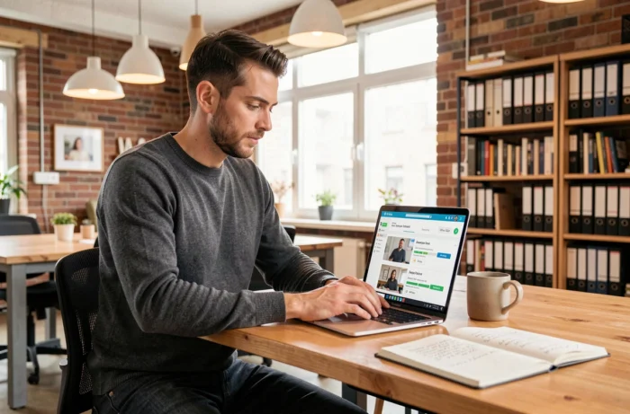 Professionnel suivant une formation en ligne sur son ordinateur portable dans un espace de coworking