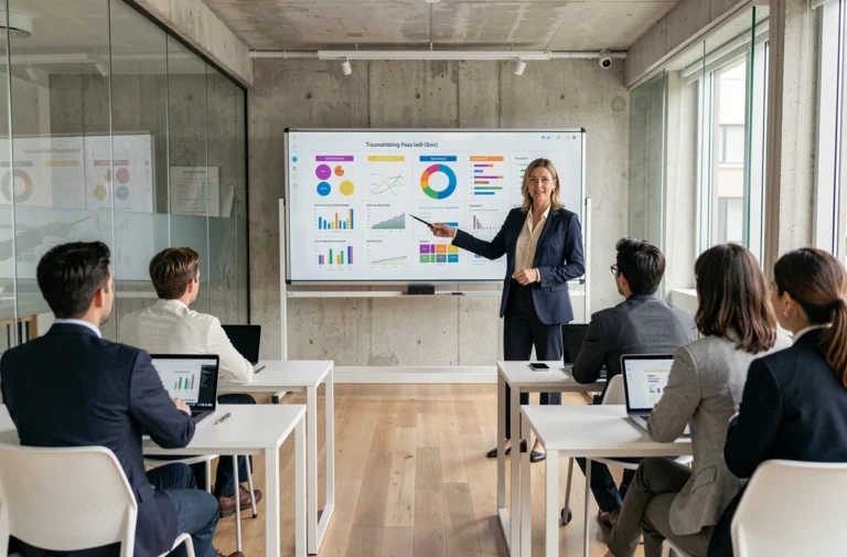 Formatrice professionnelle animant une session de formation devant un tableau interactif dans une salle de formation moderne
