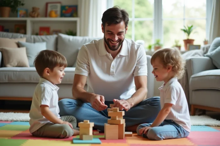 Jeune garde d'enfants jouant avec des enfants sur un tapis de jeu dans un salon familial