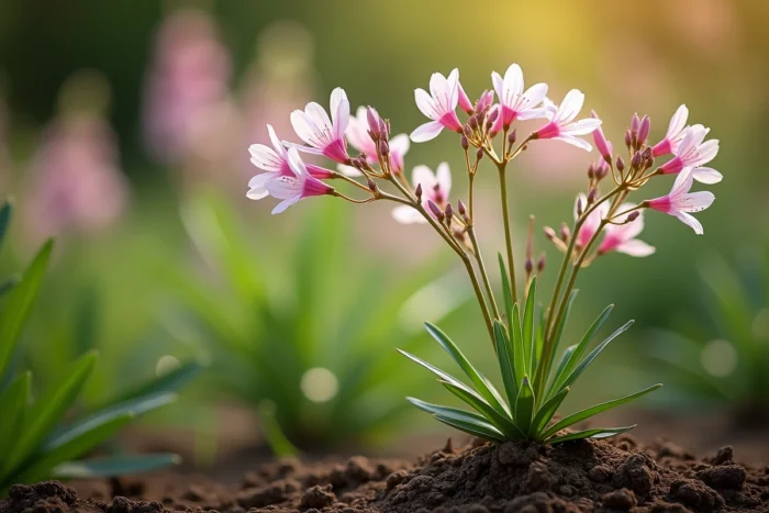 Gaura de Lindheimer (Gaura lindheimeri) aux tiges aériennes et fleurs blanc rosé légères, avec pivot racinaire profond visible à la base du plant