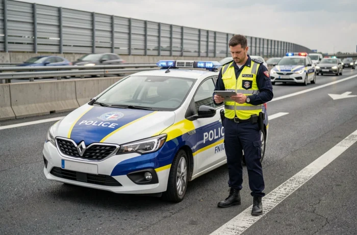 Gendarme de la route en gilet haute visibilité contrôlant des données sur une autoroute française