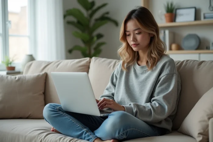 Jeune femme analysant ses dépenses Riot Games sur un ordinateur portable depuis son salon minimaliste