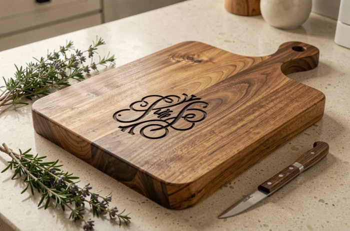 Planche en bois de noyer avec gravure laser d'un logo maison personnalisé posée sur un plan de travail de cuisine