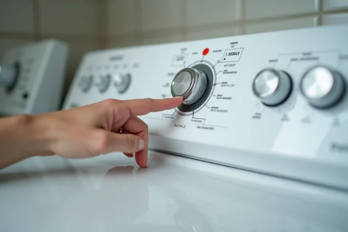 Gros plan sur une main appuyant sur le bouton de réinitialisation du panneau de commande d'un sèche-linge Whirlpool affichant un code d'erreur