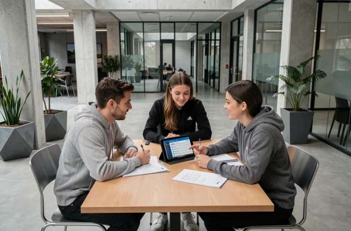 Groupe d'étudiants consultant les services numériques de l'ENT sur un campus universitaire moderne