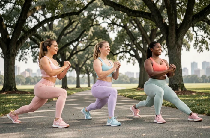 Groupe de trois adultes en tenue de sport réalisant des fentes inversées sur un sentier fitness dans un parc urbain
