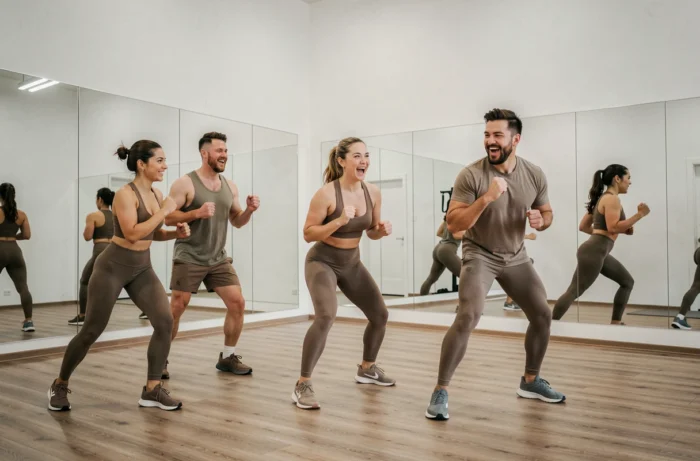 Groupe de personnes en séance de HIIT dans un studio de fitness minimaliste aux reflets dans les miroirs
