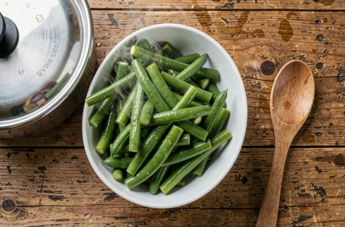 Vue aérienne de haricots verts réchauffés dans un bol blanc à côté d'une cocotte minute ouverte