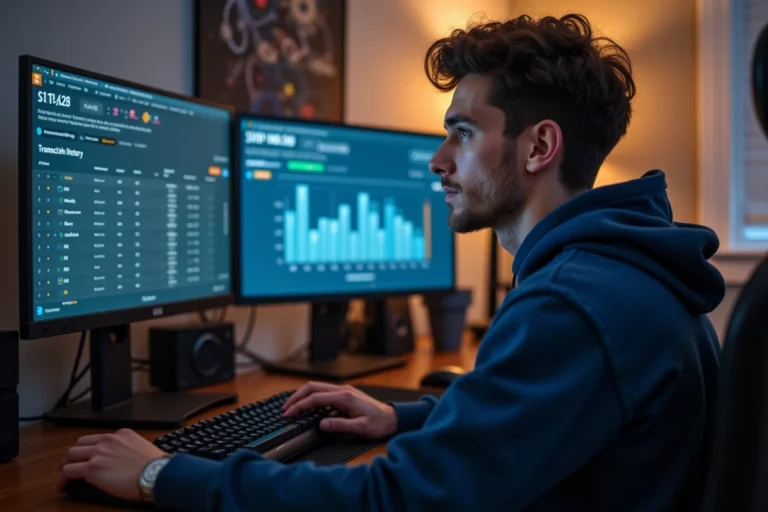 Joueur adulte consultant son historique d'achat Valorant sur un double écran dans un bureau gaming organisé