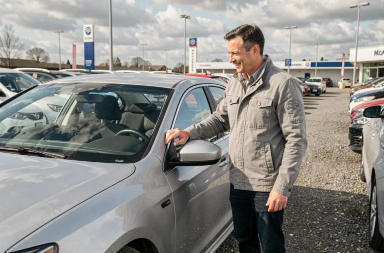 Homme examinant une berline d'occasion argentée dans un grand parking de concessionnaire automobile