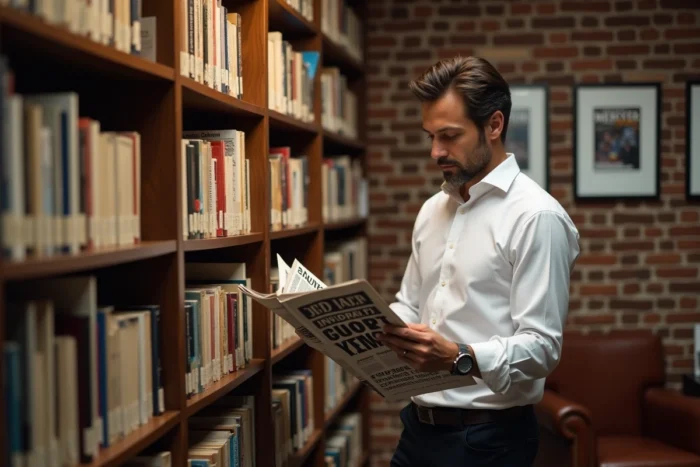 Homme consultant une collection de magazines business sur une étagère dans un bureau éditorial, anticipant les tendances du marché 2024
