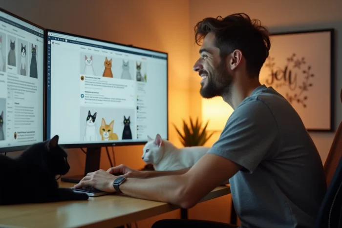 Homme souriant naviguant sur une communauté féline en ligne avec deux chats sur son bureau