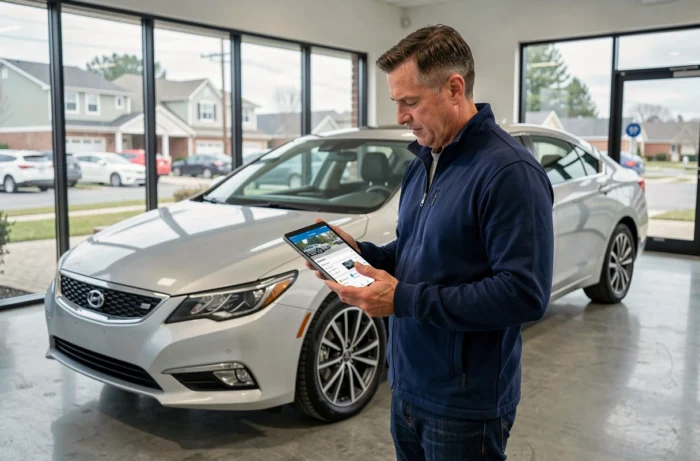 Homme utilisant une tablette pour comparer des voitures dans un showroom automobile moderne
