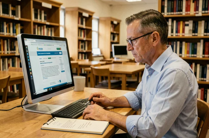 Homme d'âge mûr consultant les offres d'emploi de pleinemploi.net dans une bibliothèque publique