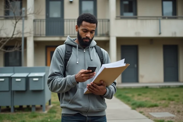 Homme tenant des documents administratifs devant un immeuble HLM lors d'une démarche de demande de logement social