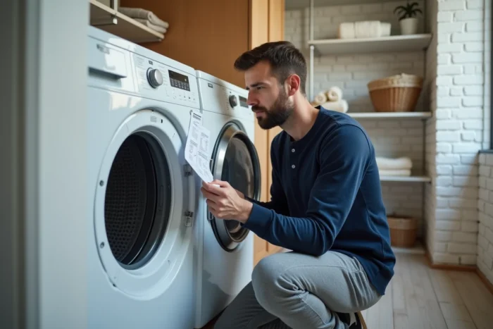 Homme consultant une notice de réinitialisation à côté d'un sèche-linge Whirlpool ouvert dans une buanderie utilitaire