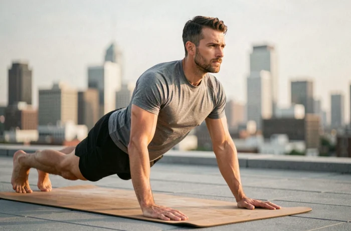 Homme en tenue sportive pratiquant des étirements sur un toit terrasse avec vue sur la ville en arrière-plan