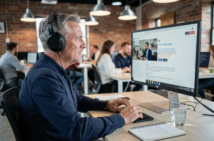 Homme professionnel suivant une formation vidéo en ligne dans un espace de coworking moderne