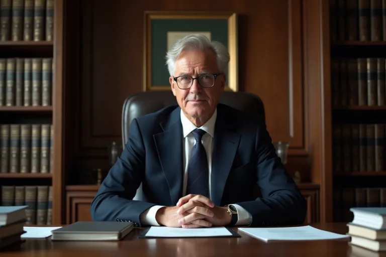 Portrait d'un homme d'influence en costume sombre assis à un bureau institutionnel avec des documents officiels, illustrant le pouvoir et la discrétion
