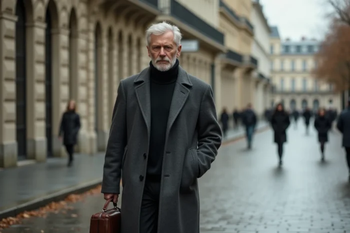 Homme en manteau gris marchant sur un boulevard parisien en automne, évoquant discrétion et influence dans la sphère publique française