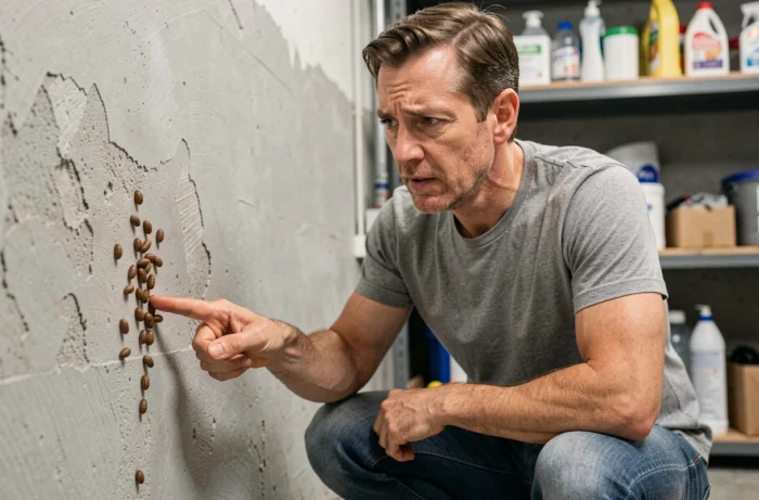 Homme inspectant des pupes de mouches sur un mur de sous-sol en béton, expression préoccupée