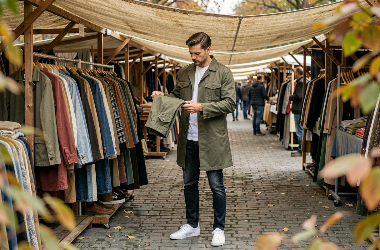 Homme inspectant une veste sur un marché vintage en plein air, look casual inspiré des tenues portées dans la série Demain Nous Appartient