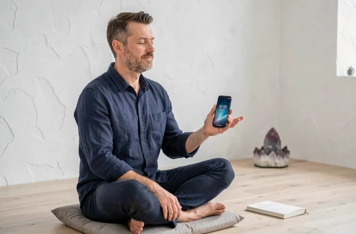 Homme en méditation tenant un smartphone affichant 18h08 dans un studio de yoga minimaliste, évoquant la spiritualité des heures miroirs