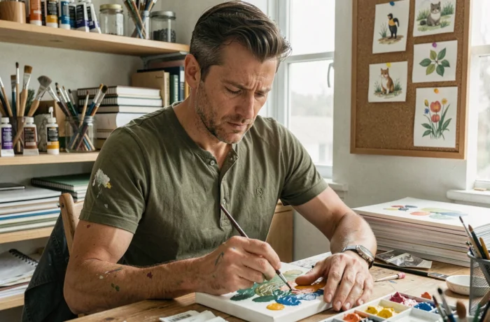 Homme concentré sur une activité créative de peinture acrylique dans un atelier fait maison