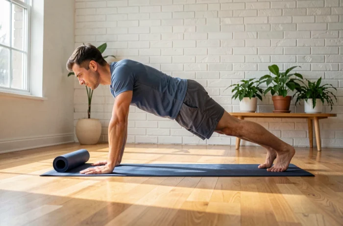 Homme faisant une planche abdominale sur tapis de yoga dans un salon lumineux avec parquet en chêne