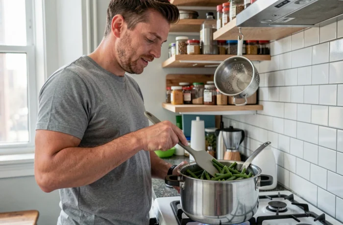 Homme remuant des haricots verts réchauffés dans une cocotte minute sur une cuisinière à gaz