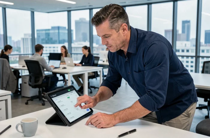 Homme recherchant d'anciennes fiches de paie sur une tablette dans un bureau en open space
