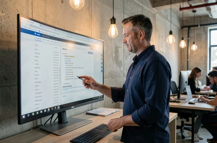 Homme debout devant un écran affichant une page sitemap XML dans un espace de coworking moderne
