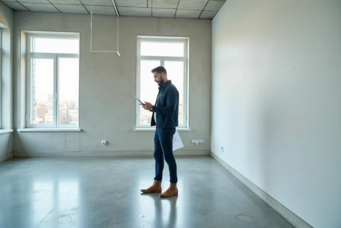 Homme visitant un appartement à louer en ville avec checklist lors d'une visite immobilière