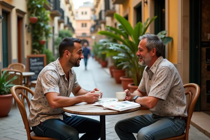 Deux hommes d'origines hispanique et latino assis en terrasse de café discutant de leurs différences culturelles autour d'un livre d'histoire