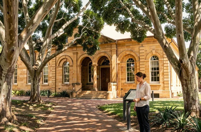 Une visiteuse lit un panneau devant les Hyde Park Barracks de Sydney, monument colonial en grès aux fenêtres arquées entouré d'arbres centenaires
